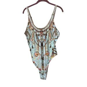 One Piece Swimsuit L Blue Coastal Tropical Resort High Cut Tank Travel Neutral